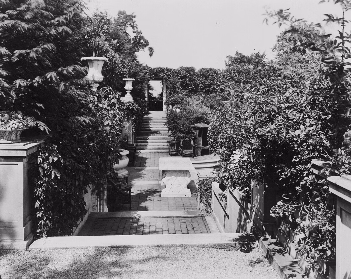 A walled stone stairway in the Italian Garden at the Anderson estate, about 1914