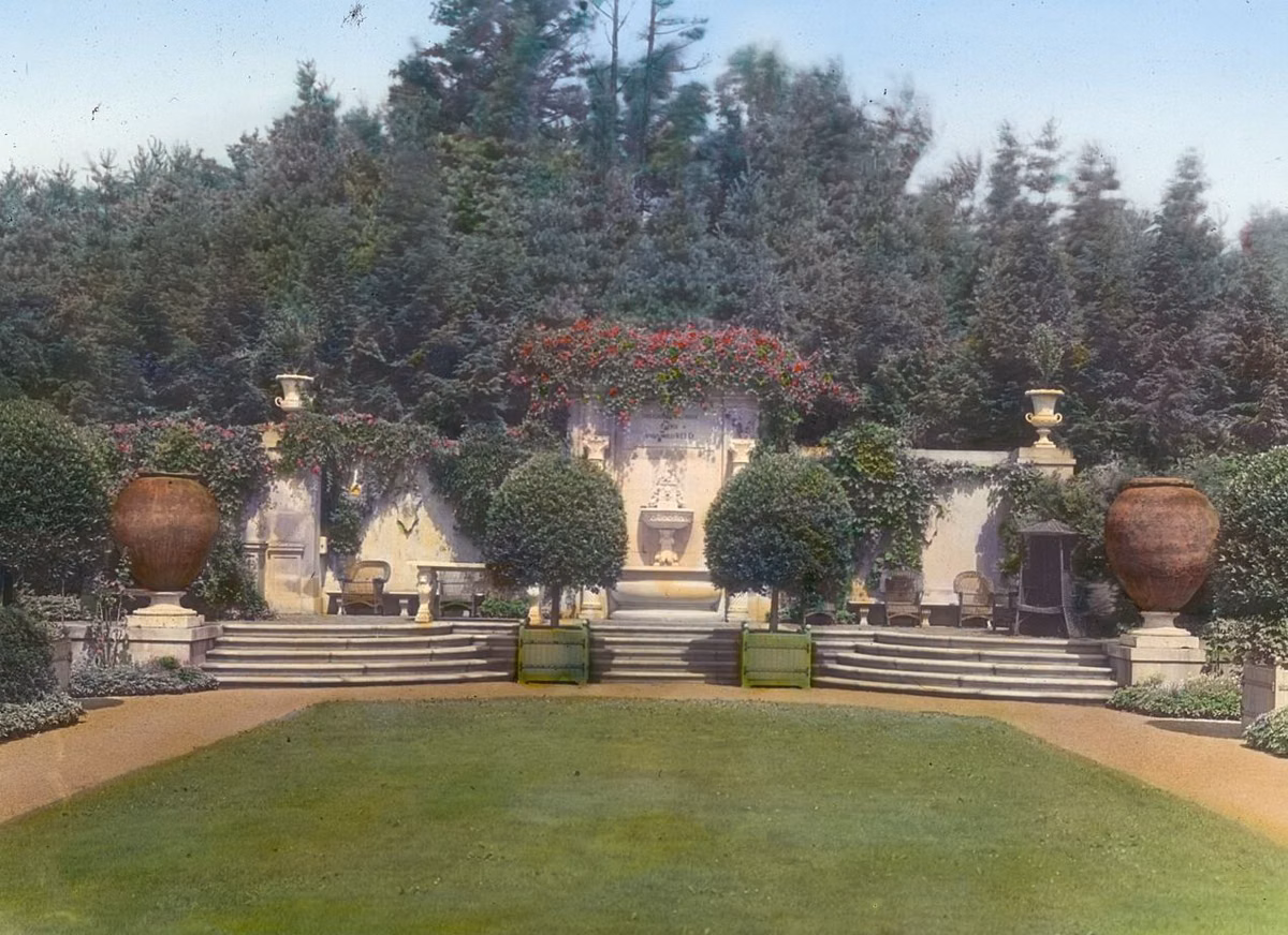 The Andersons' Italian Garden at their Brookline estate in a hand-colored 1914 lantern slide, looking from the cupid fountain toward the terrace