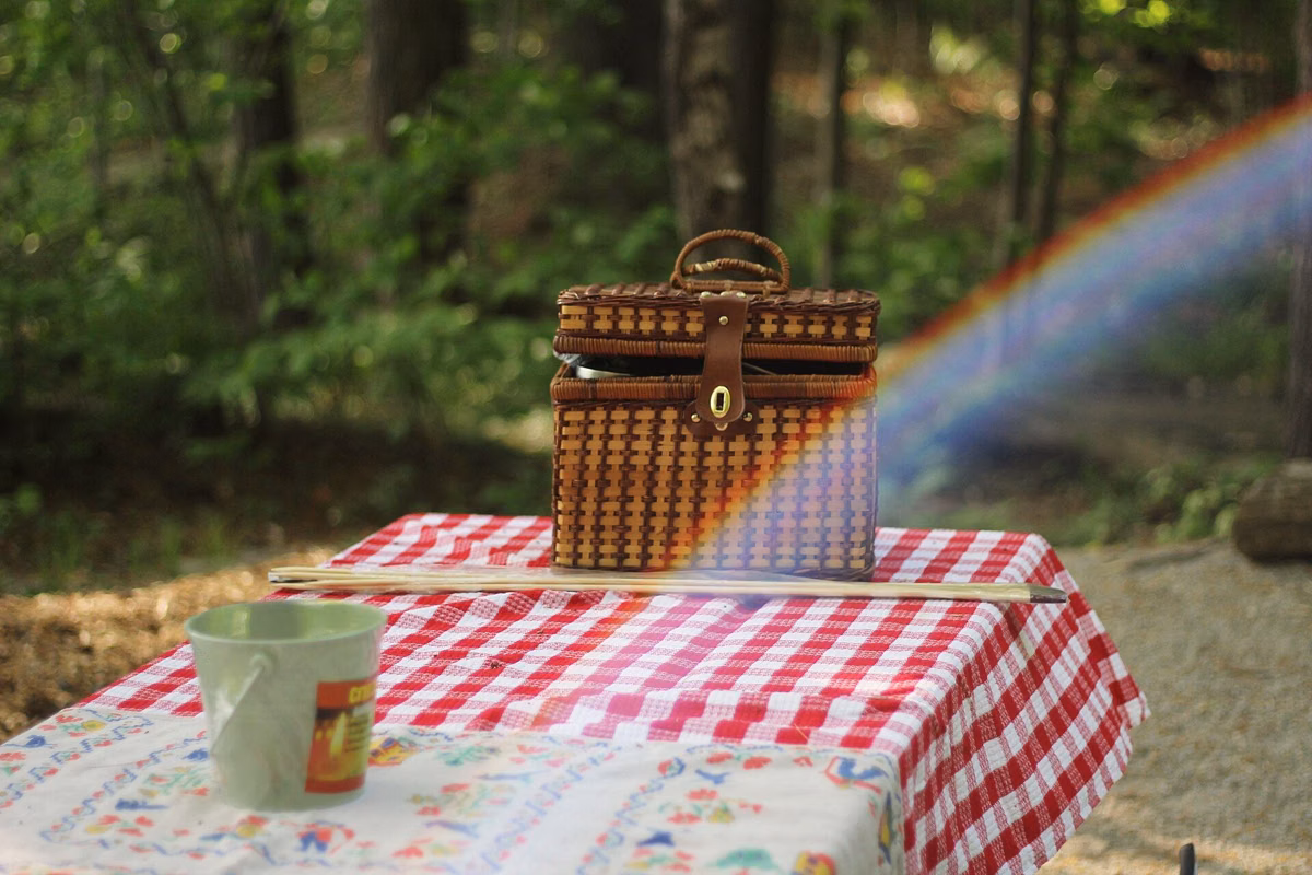 A wicker picnic basket on a red-checked tablecloth at a picnic table in the woods