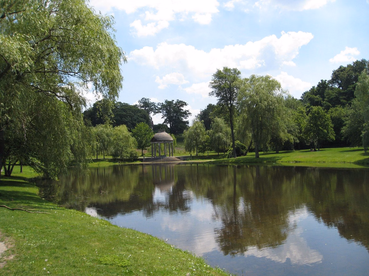 The lagoon and Temple of Love at Larz Anderson Park in summer